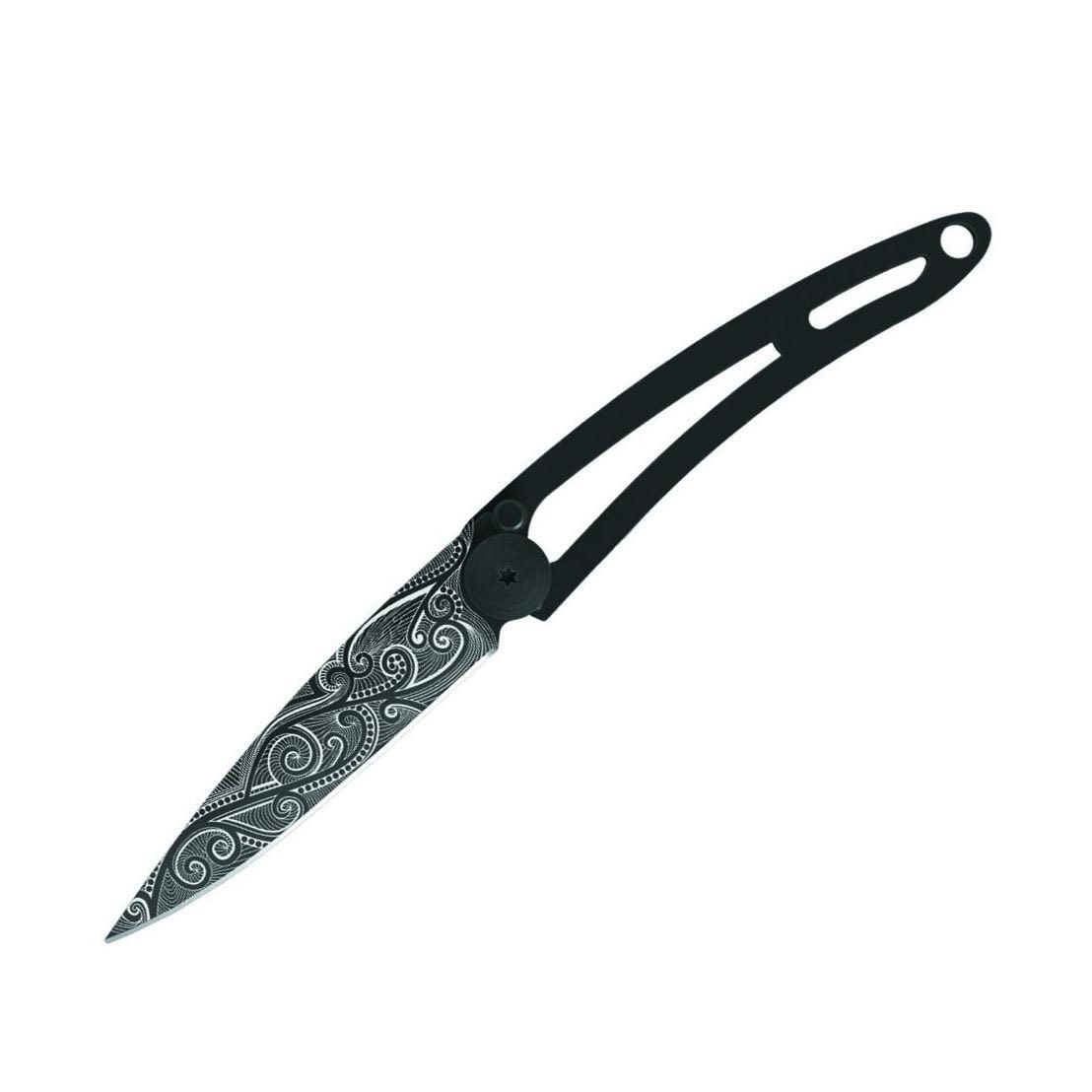 Ultralehký a minimalistický nůž Deejo Tattoo Black 15g Pacific Naked s motivem mořských vln