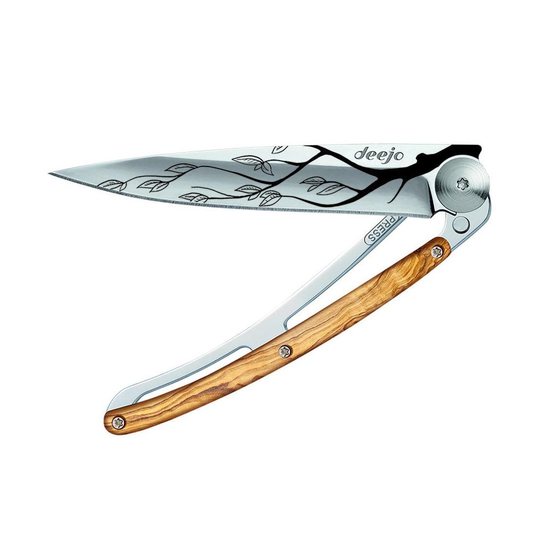 Ultralehký a minimalistický nůž Deejo Tattoo Mirror 37g Tree Olive Wood s motivem stromu