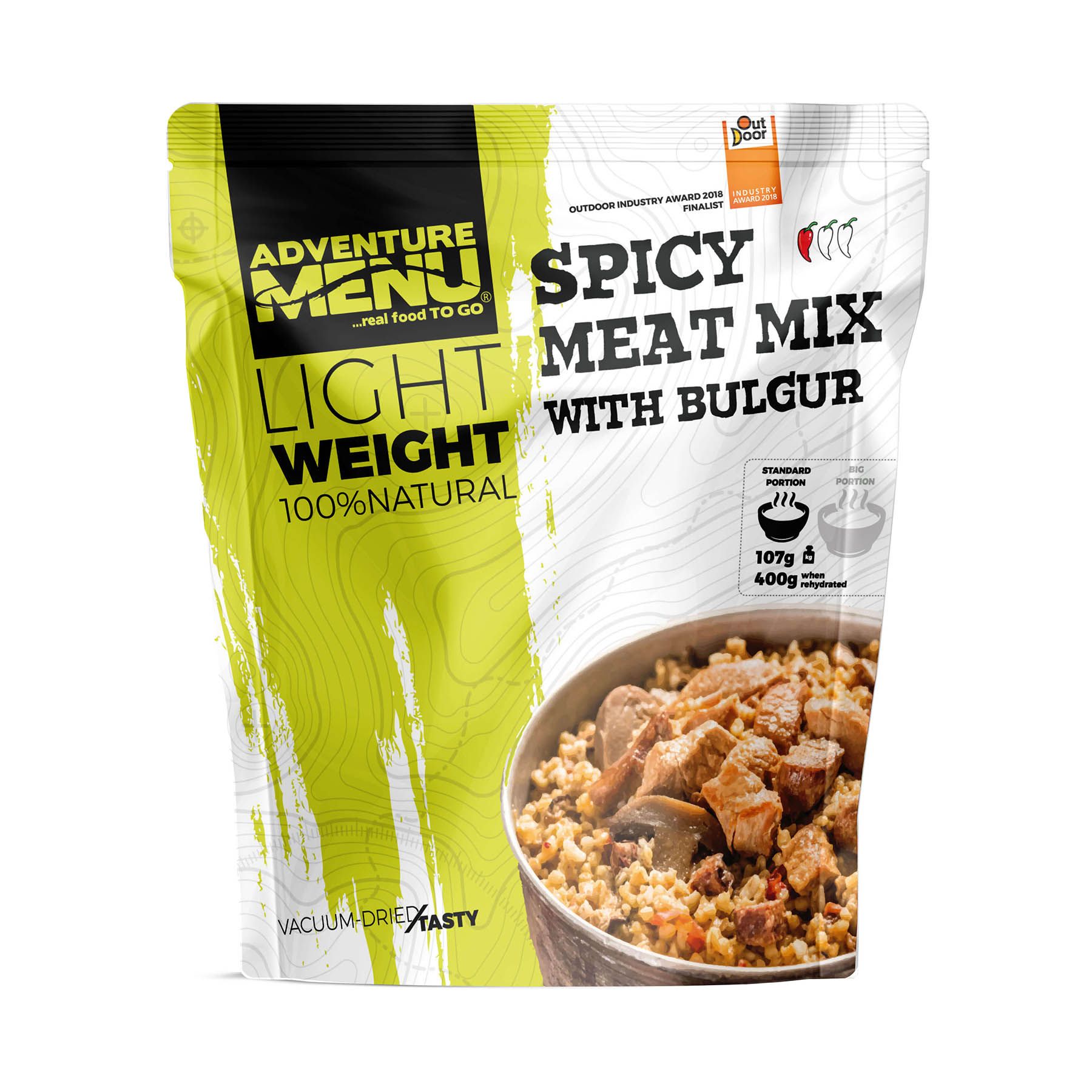 Vakuově balené lehké jídlo Adventure Menu Pikantní kotlík s bulgurem - výživné jídlo s hromadou masa a příjemným šmrncem díky feferonkám a chilli